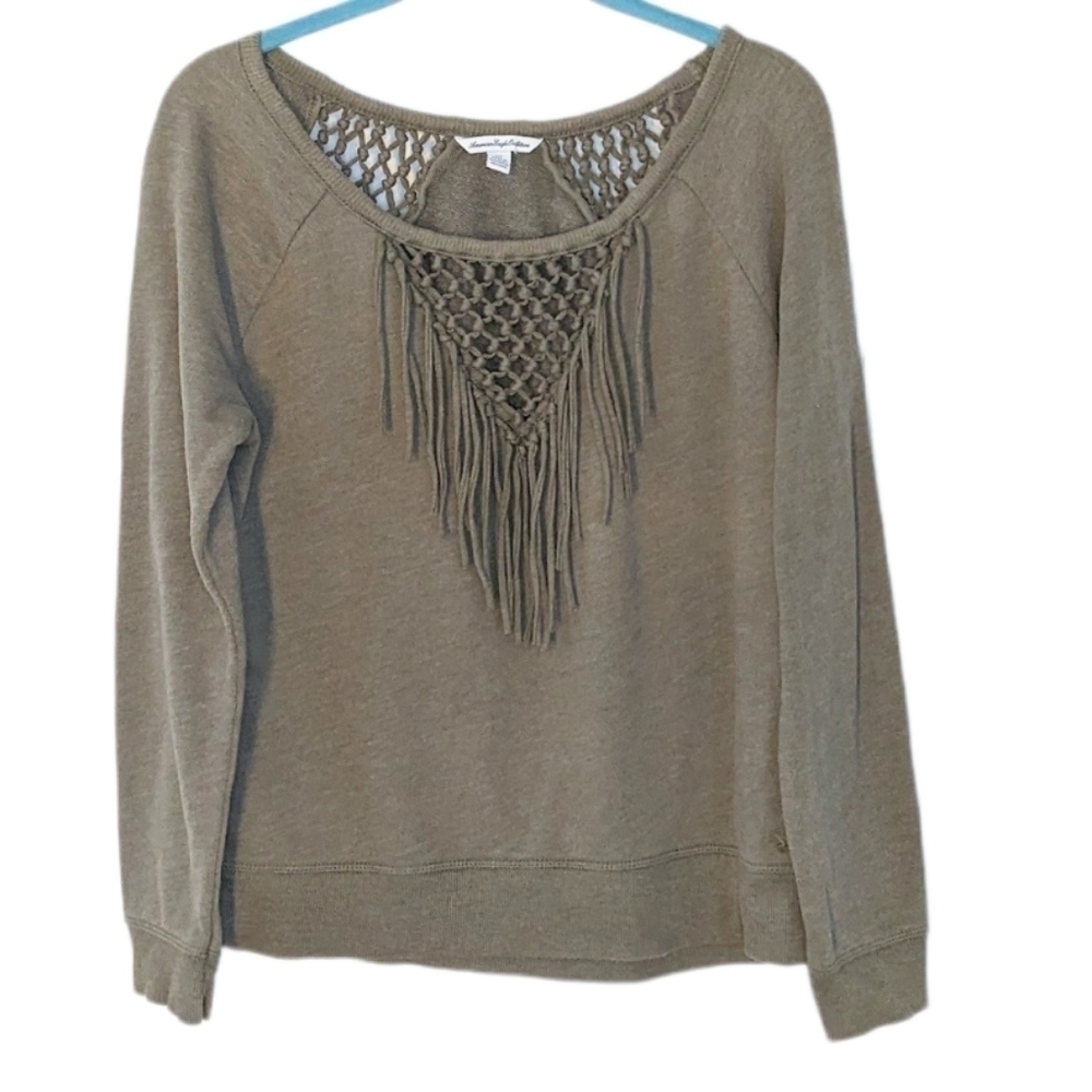 American Eagle western tessels macrame olive green earthy tone sweatshirt Small